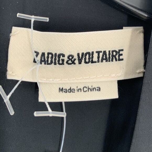 ZADIG & VOLTAIRE Satin Dress Size Small Black V-Neck Puff Sleeves Empire Waist - Picture 10 of 11